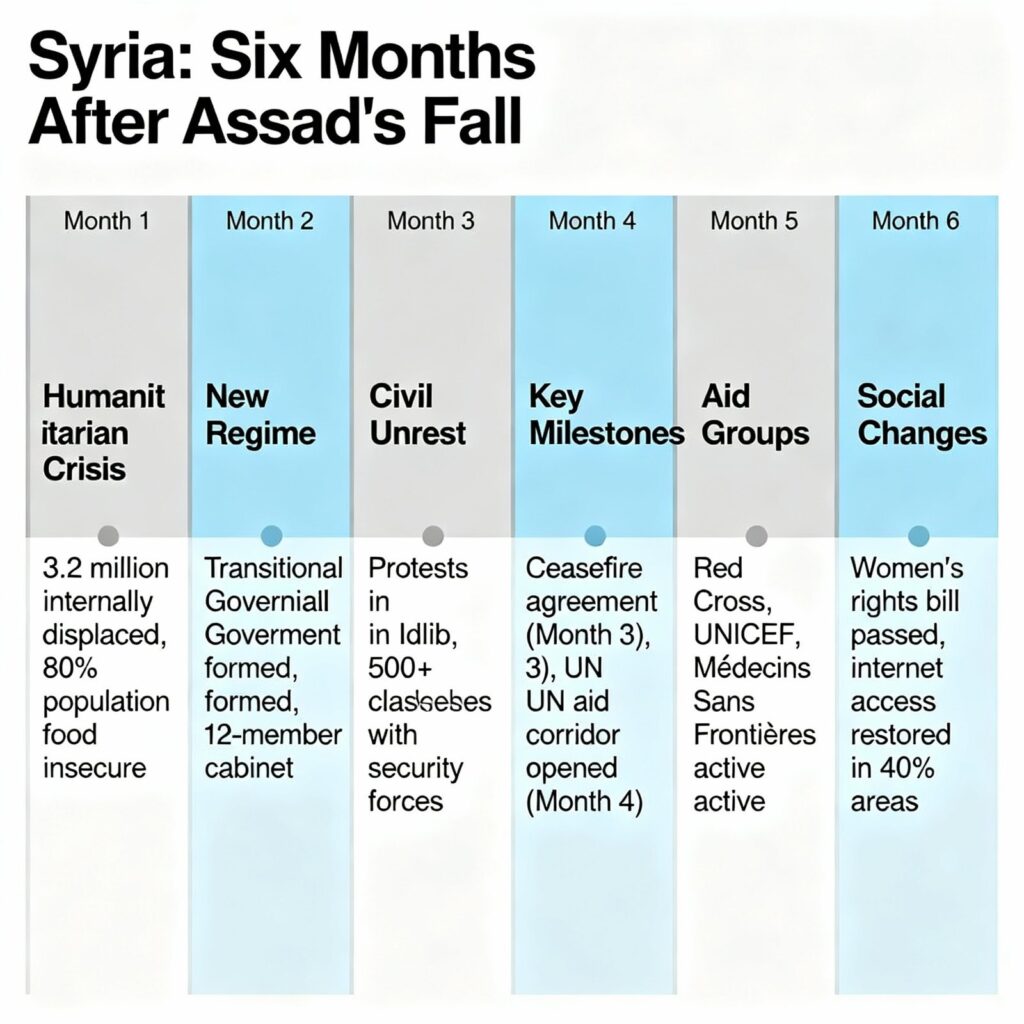 infographic timeline showing major events inside Syria, six months after Assad's fall, include humanitarian crisis, shifting power, civil unrest, aid efforts, new leadership
