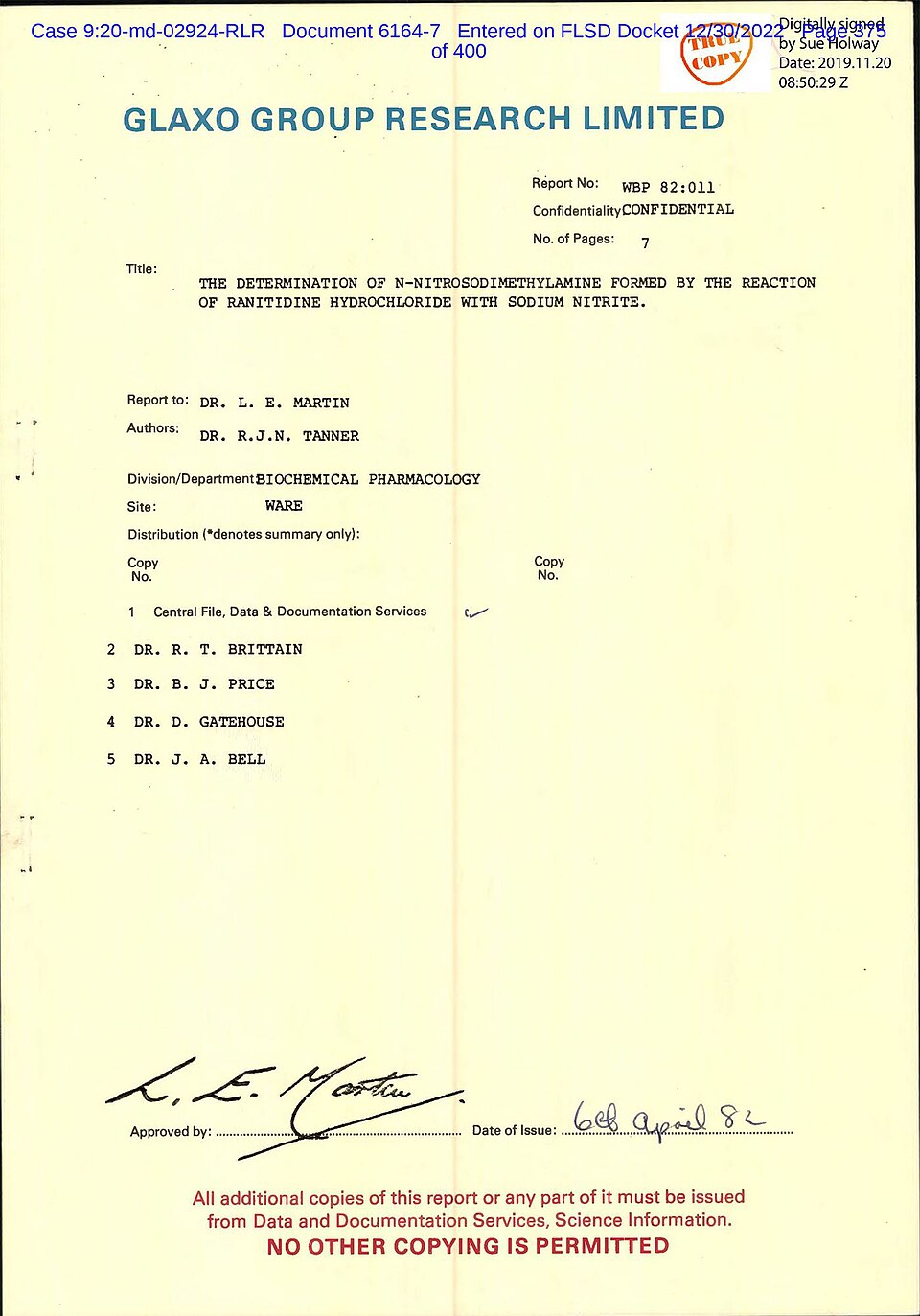 The 1982 Tanner Report: Early Internal Evidence of NDMA Formation